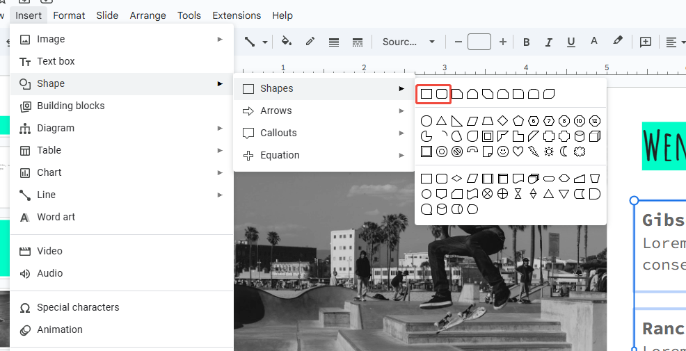 insert shape for checkbox