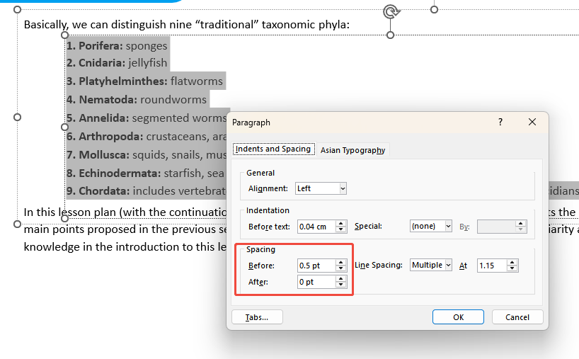 adjust before and after spacing