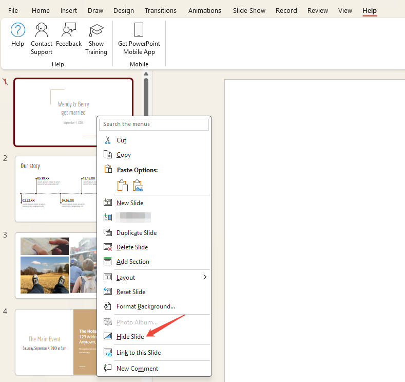 click hide slide in the thumbnails