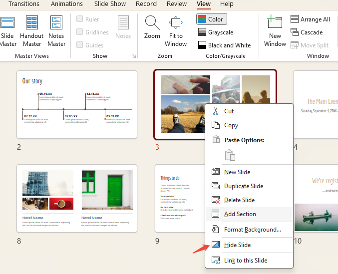 click hide slide in the view mode